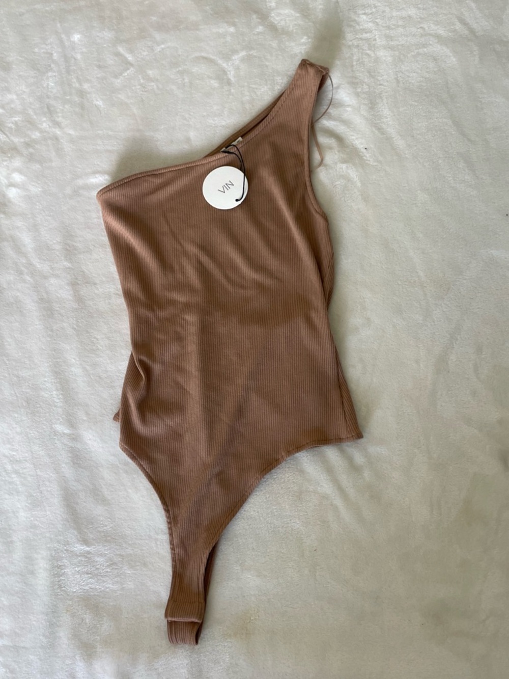 Nia The Brand One-Shoulder Ribbed Bodysuit in Taupe Brown